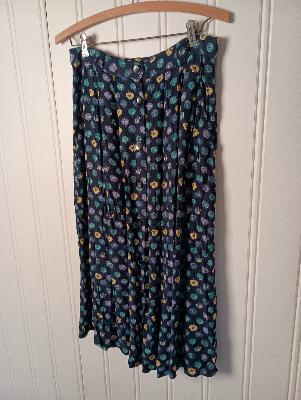 90s Chomel- Navy Floral Button-Front Midi Skirt- Size 8